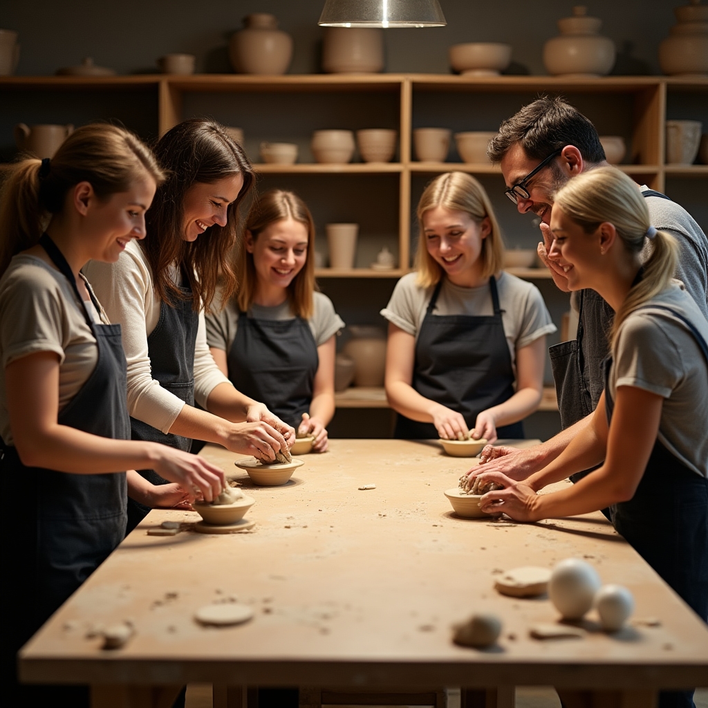 Skupina lidí pracuje společně na keramickém workshopu v dílně